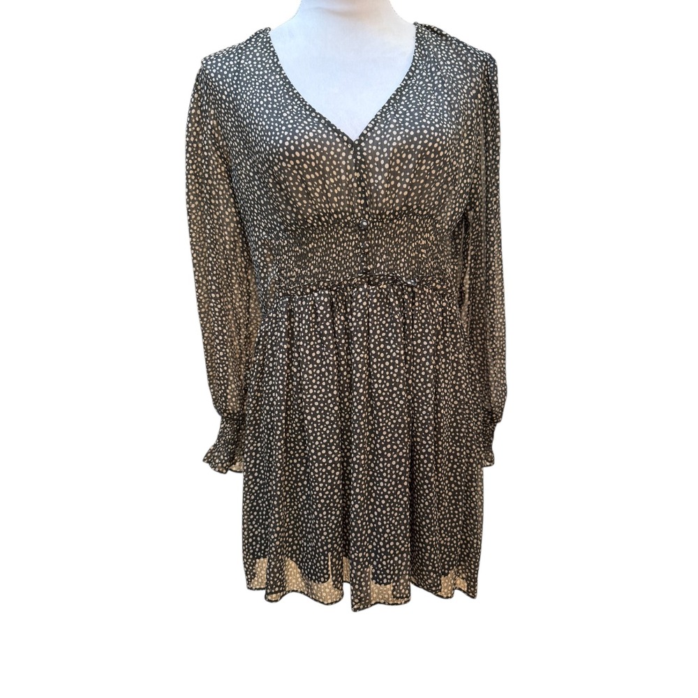 ZARA Olive Green White Dotted V Neck Smocked Waist Long Sleeve Mini Dress‎ Sz S